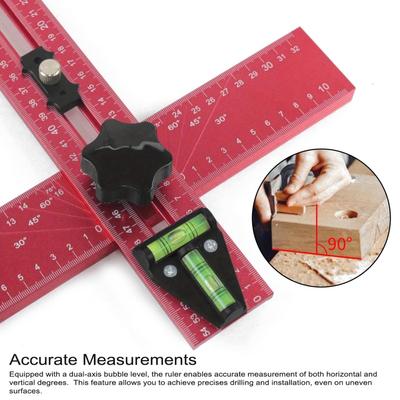 Woodworking Drilling Positioning Ruler, Multi Angle Measuring Ruler Aluminum Alloy T-Shape Rulers with Dual-Axises Bubble , Drill Dowelling Tool