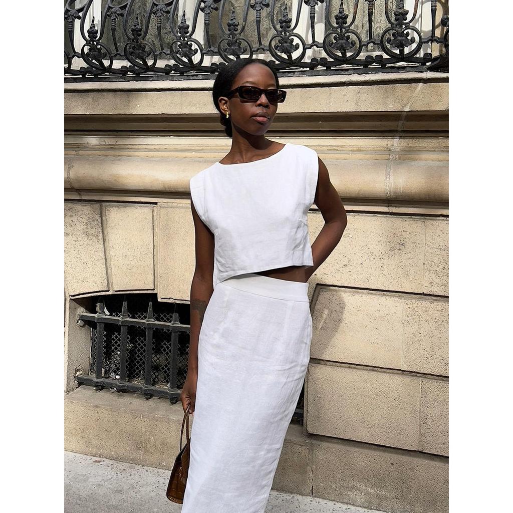 Spring Summer New Women's Cotton Linen Vest Skirt Set INS Casual Two Piece Outfit European American Style