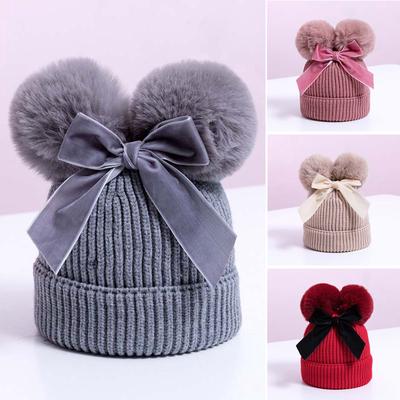 Double Pompom Baby Girl Bonnet Hat Winter Knitted Warm Thicker Children Beanie Cap
