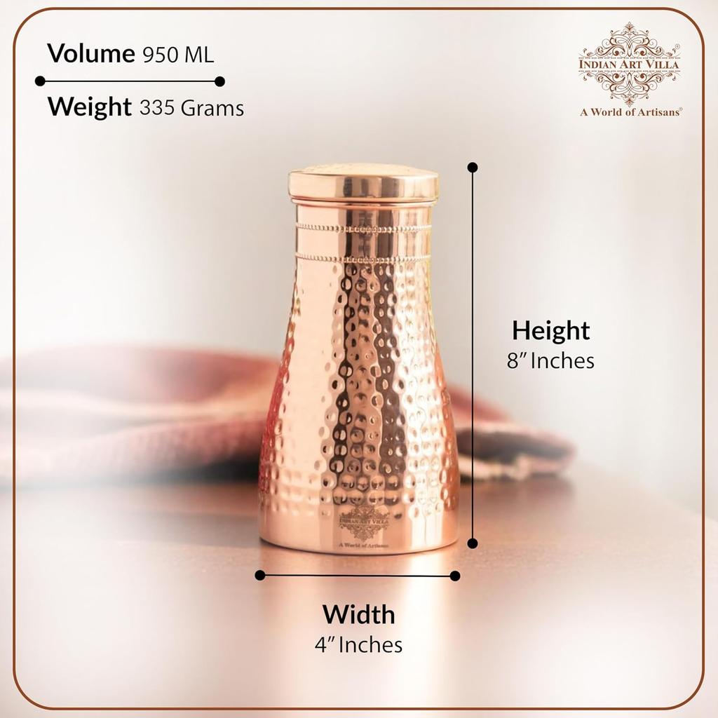 Pure Copper Bedroom Water Bottle with Inbuilt Glass, Hammered Shine Design, Drinkware and Storage Purpose, 950 ml