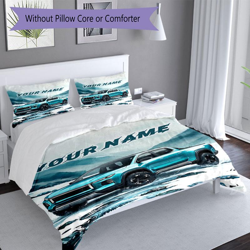 3PC Custom Name Blue Pickup Snowy Landscape Bedding Set Duvet Cover Closure Includes 1 Duvet Cover & 2 Pillowcases for Bedroom