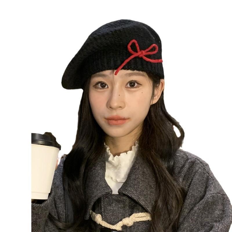 Bow knitted beret women's autumn and winter cold and warm wool hat big head circumference showing face small painter hat