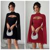 A-line Women Glitter Party Dress Sparkling Slim Evening Dress Chiffon Cape Red Dress  Ladies Girl