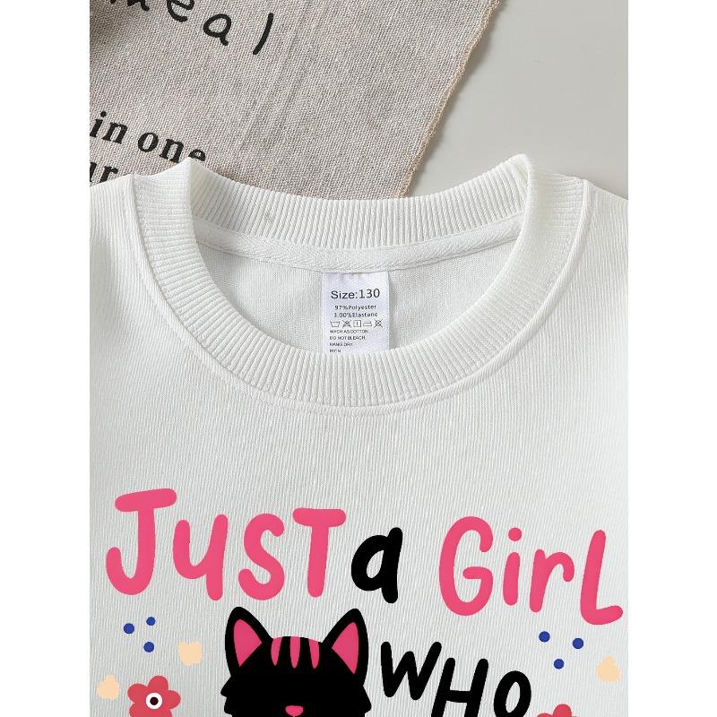 Kids Sweatshirt ,Crew Neck Fashion Top, Fun"Just Girl Loves Cats "patterned Sweatshirt for Everyday Casual Wear,Perfect for All Kinds of Daily Outfits