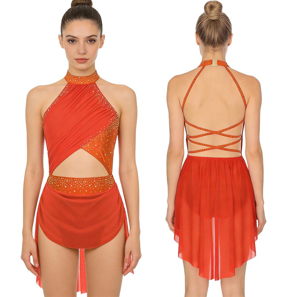 Glitzerndes lyrisches Tanzkostüm für Damen, rückenfreier Rock, Turnanzug, moderne zeitgenössische Tanzbekleidung