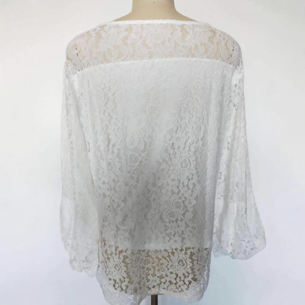 European and American Women's White Lace V-Neck Loose Pullover Long Sleeve Top