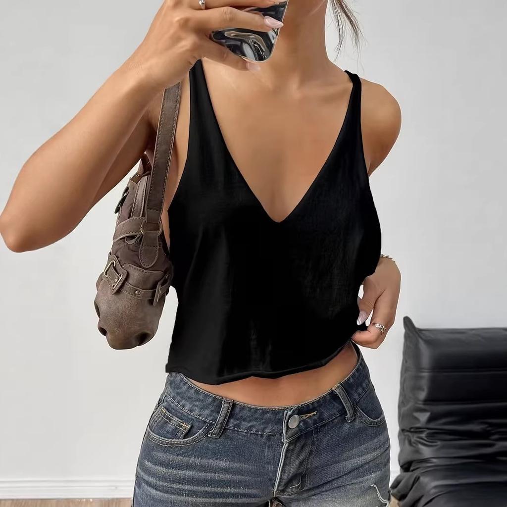 Sommer-Halstuch-Top mit tiefem V-Ausschnitt für Damen, kurzer Schnitt, durchsichtig, ärmellos, Unterhemd