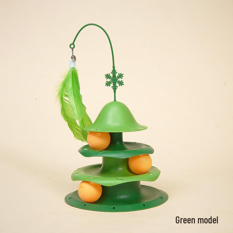Cat Turntable Toy with Three-Layer Track, Feather, and Ball for Self-Amusement and Decompression. Box Packaging зелёный