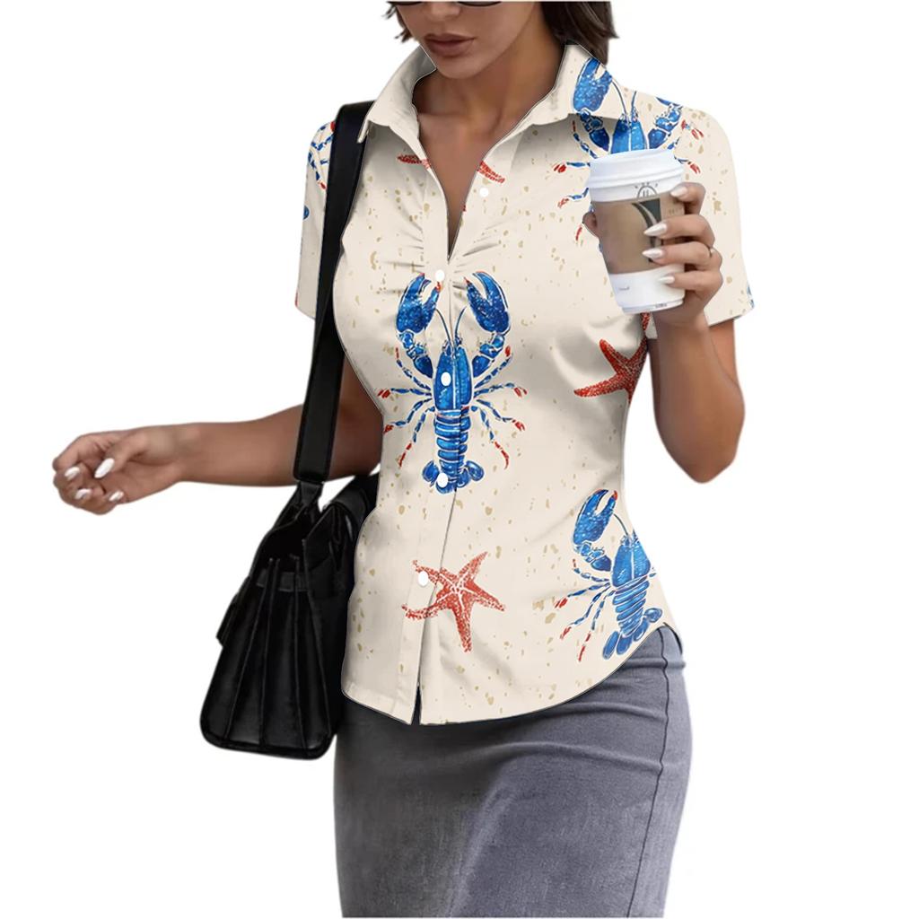 Damen Slim Fit Poloshirt Kurzarm Hummerprint Lässig Knopfleiste Kragen Oberteil Sommer Leichte Bluse