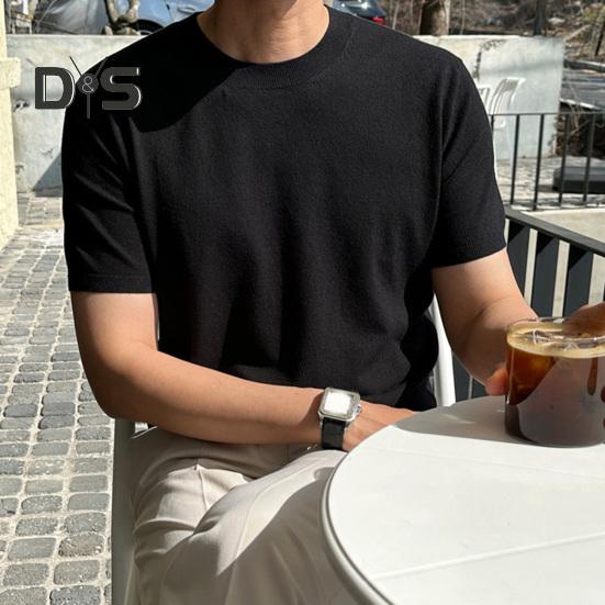 Summer Men T-Shirt Crew Neck Solid Color Short Sleeves Knitted Shirt Breathable Slim Fit Lightweight Basic Tee Casual Business Top