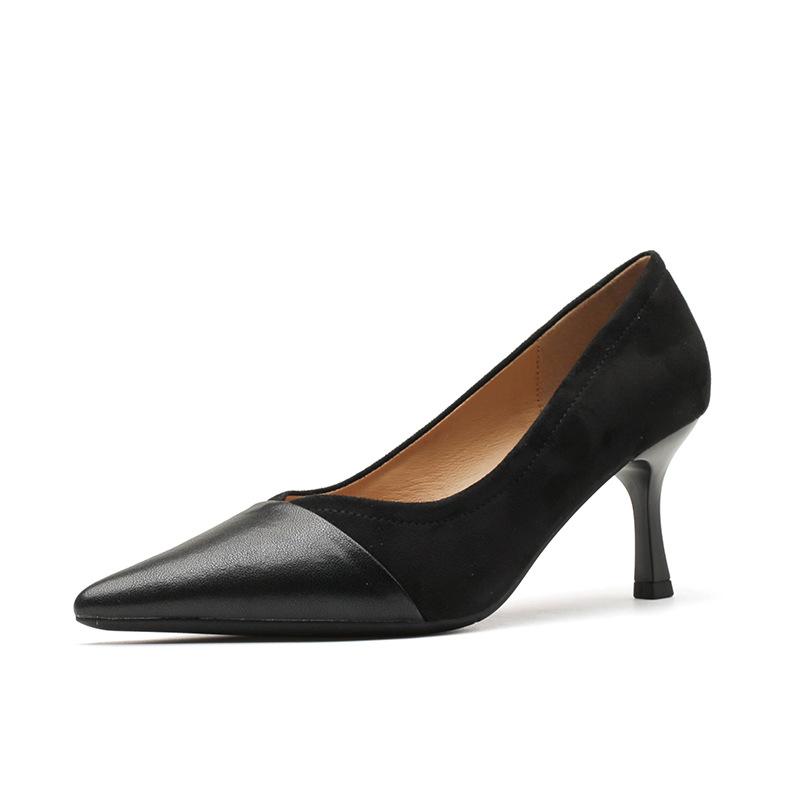 French retro chestnut V-mouth leather splicing high heels stiletto pointed temperament elegant suede banquet single shoes women