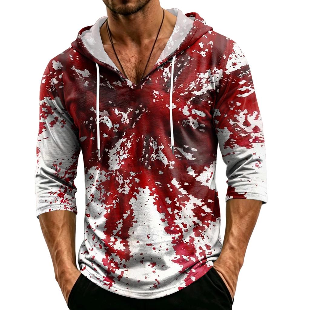 Men's Loose Fit Casual Hoodie 3/4 Sleeve Pullover Halloween Graphic Print Lightweight Hooded Shirt for Everyday Wear