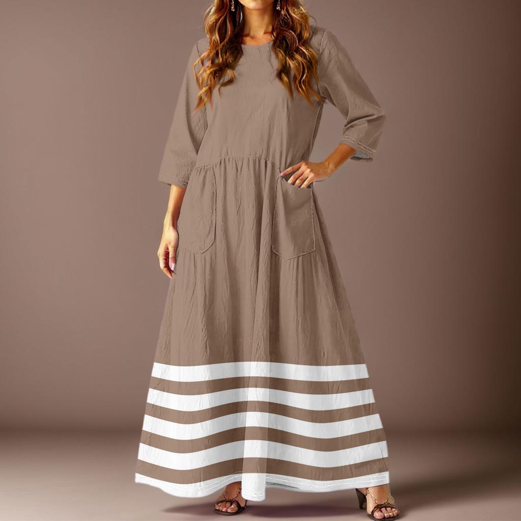 Women's Casual Fashion Striped Printed Three-quarter Sleeve Pocket Long Dress