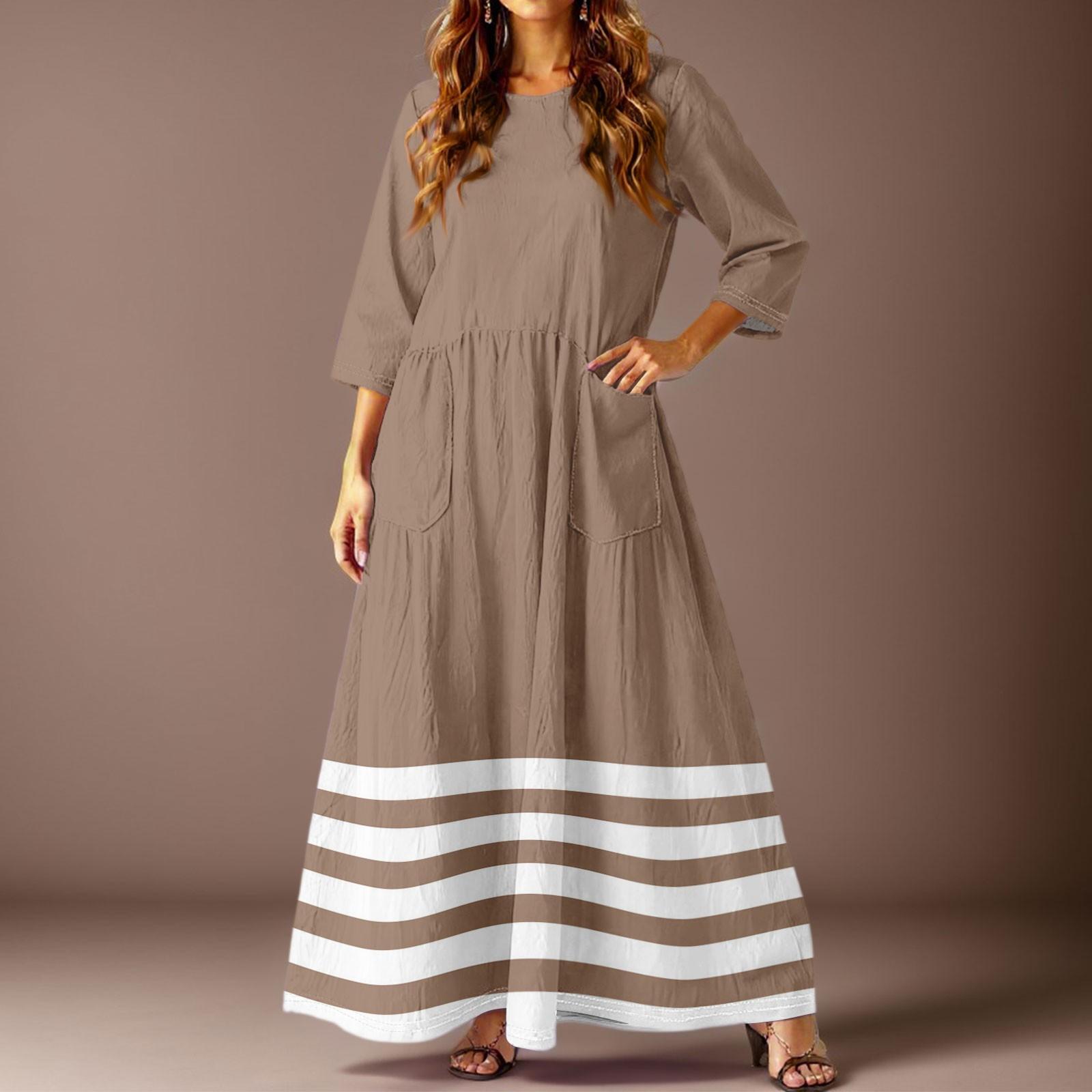 

Women s Casual Fashion Striped Printed Three-quarter Sleeve Pocket Long Dress XL