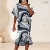 Women Plus Size Two Piece Set Round Neck Batwing Sleeve Printed Ruffle Hem Top Fishtail Skirt Dark Green Black