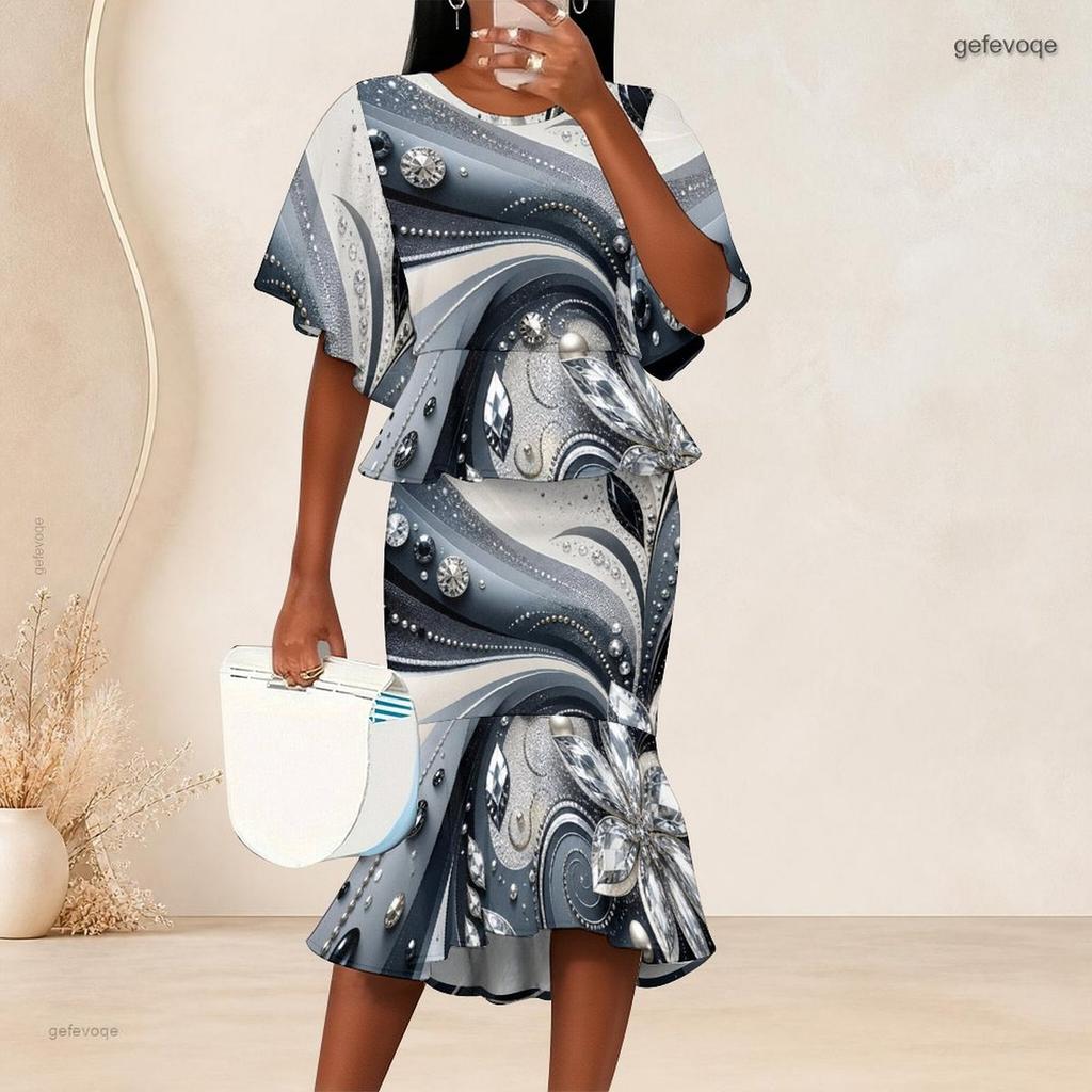 Women Plus Size Two Piece Set Round Neck Batwing Sleeve Printed Ruffle Hem Top Fishtail Skirt Dark Green Black
