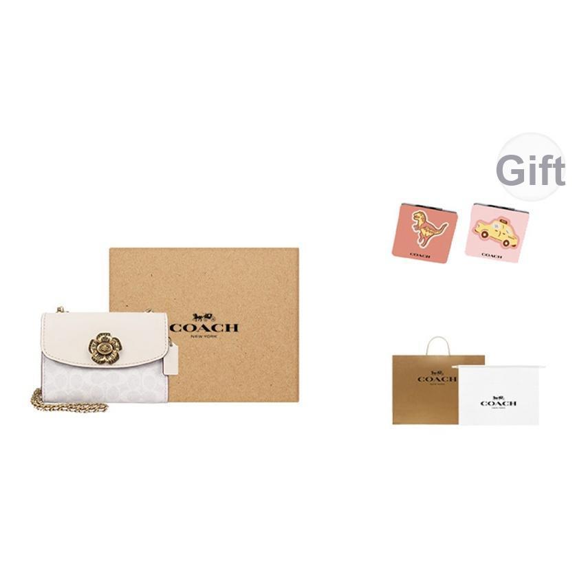 Coach Parker 18 Camellia Chain Strap Canvas And Leather Crossbody Bag Small Women bags Pink White 34256-B4R7B
