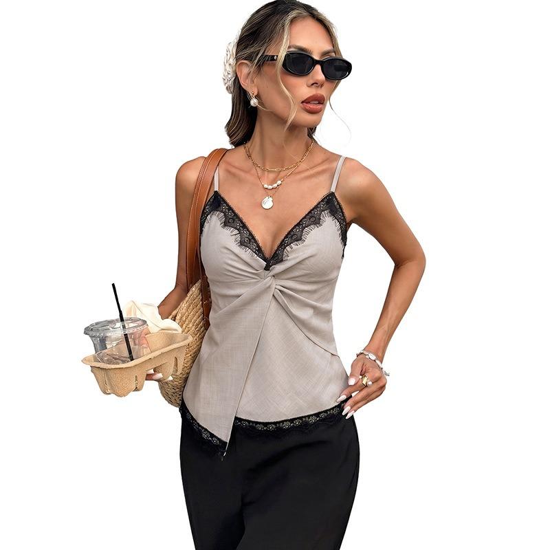 Women s Grey Lace Trim Cami Top V-Neck Twisted Front Asymmetric Hem Tank S легкие хаки