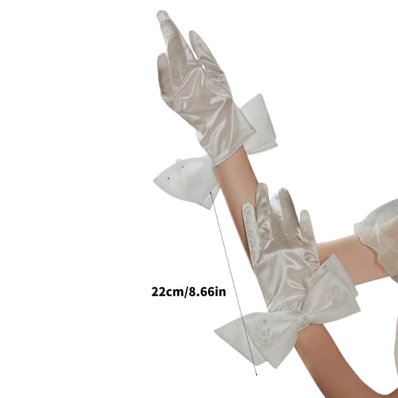 Elegant Wedding Gloves with Bowknot Pearls Cuffs For Indoor Outdoor Event And Professional Bride Photography Handwear