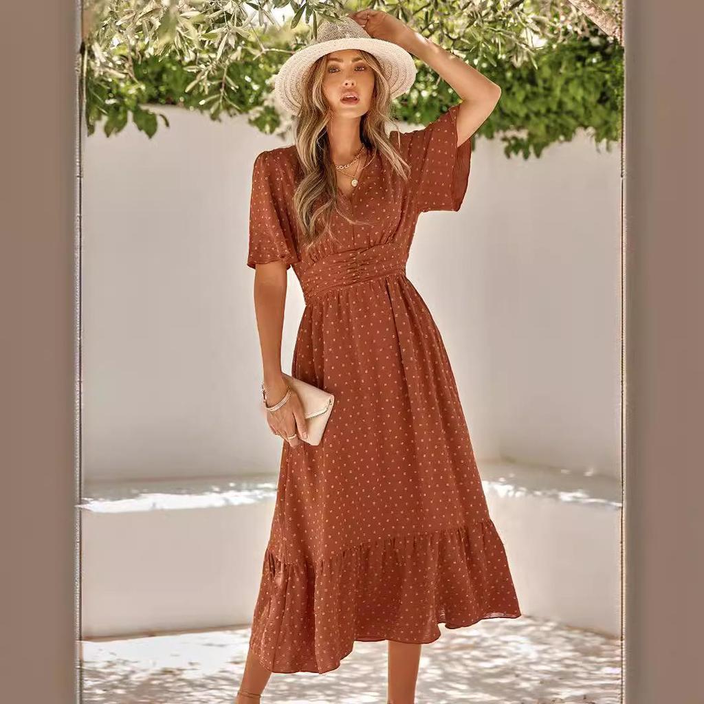 Women Spring Solid Color V-Neck Short Lotus Leaf Sleeve Dress Summer Casual A-Line High Waist Long Dresses S-XL