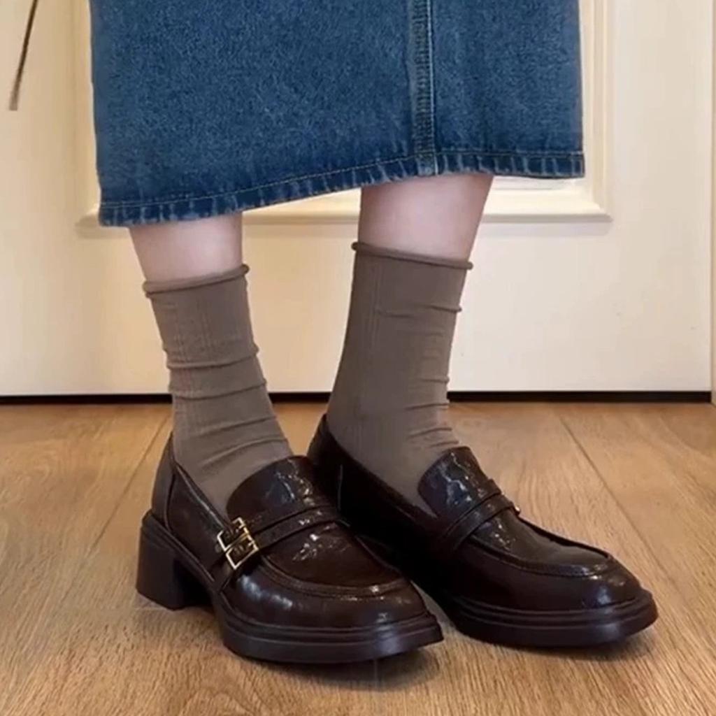 Platform loafers women's British style spring and autumn one-pedal thick heel single shoes retro small leather shoes