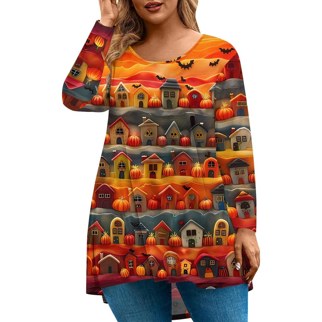 Dames Mode Grote Maat Ronde Hals Lange Mouwen Casual Halloween Print Losse Pullover Top