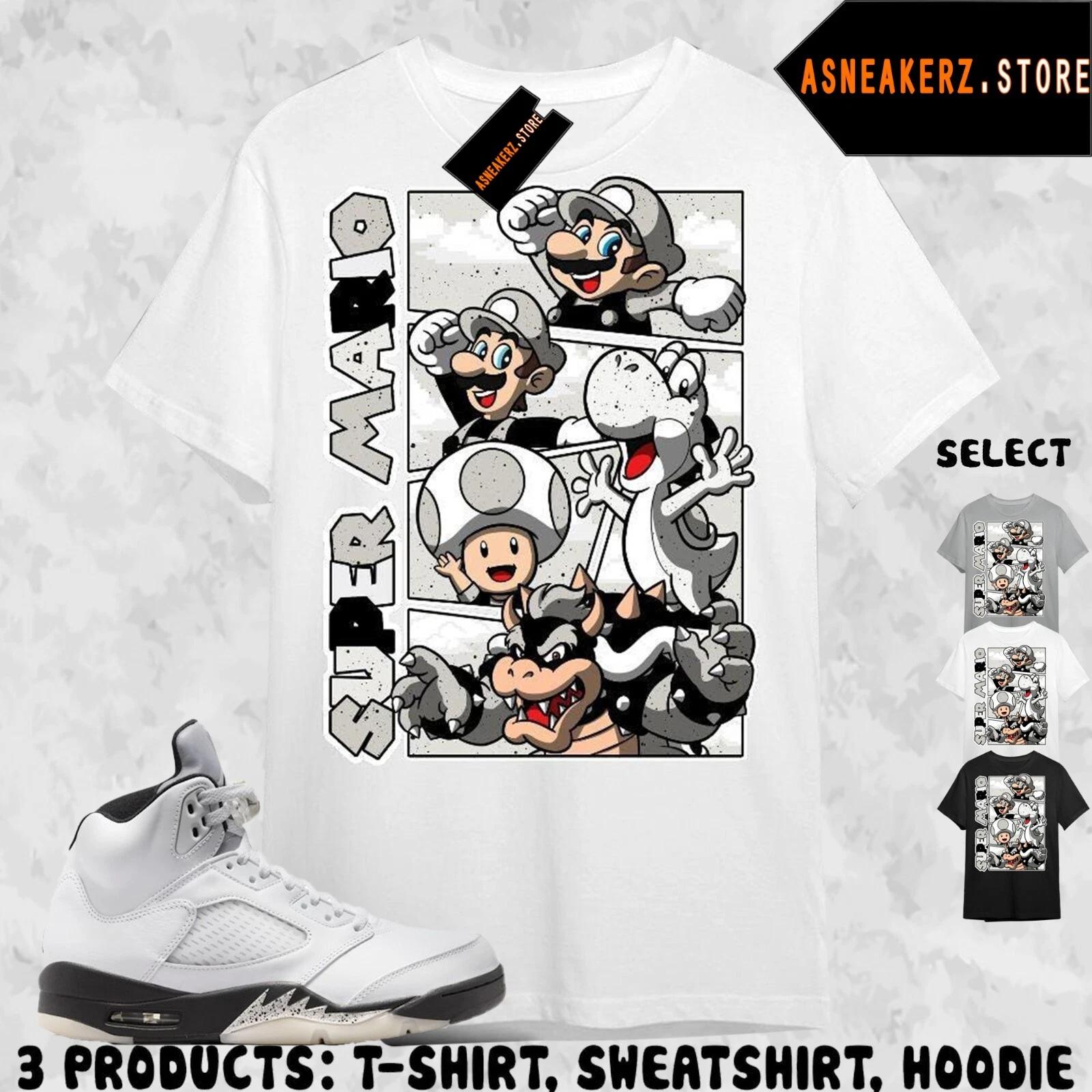 Shirt Match AJ 5 Reverse Metallic White Black Sneaker Matching Tee Retro Mario XL