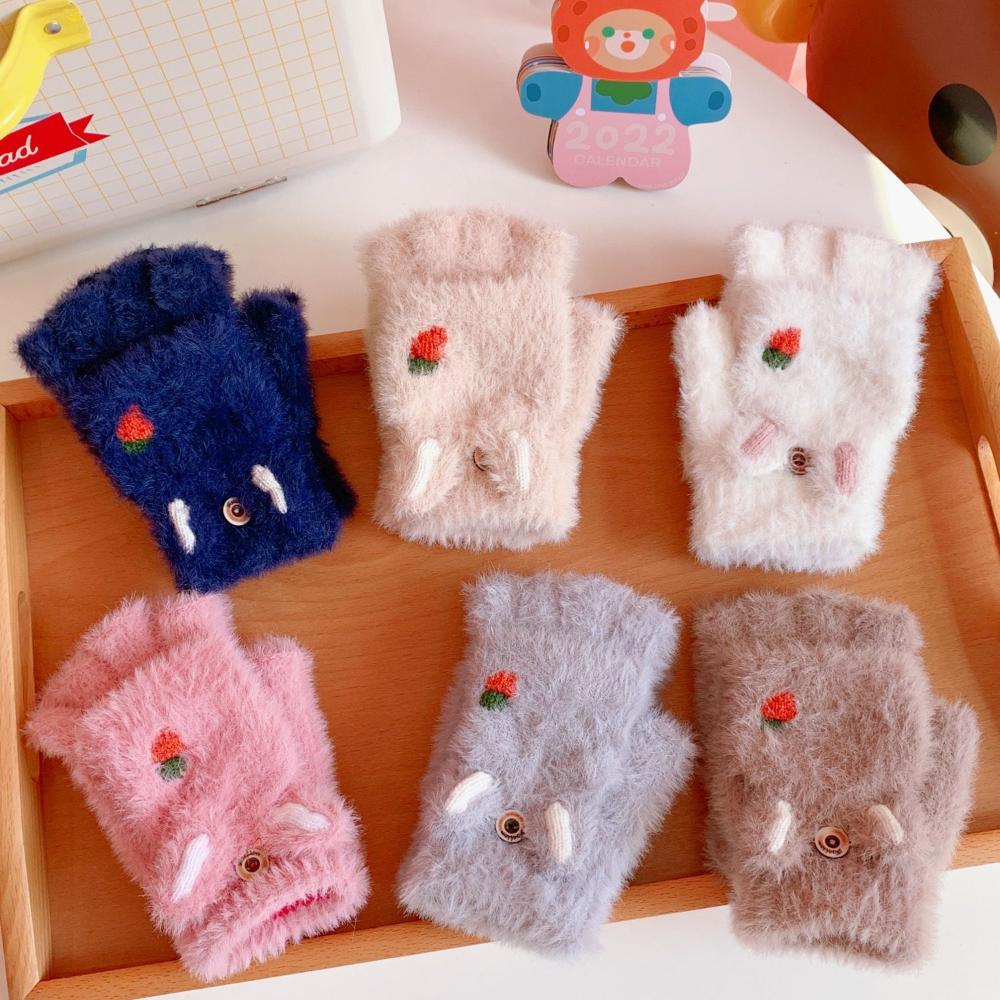 Cute Plush For Girls Flip Fingerless Half Finger Gloves Korean Mittens Women Gloves Strawberry