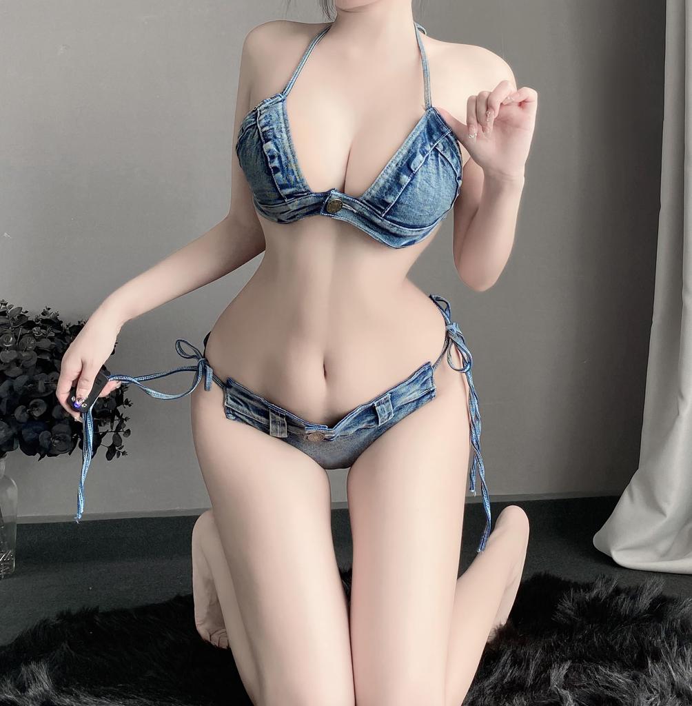 Denim Bra Shorts Cosplay Sexy Lingerie Extreme Kinky Micro Bikini String Panties Exposure Sexy Costume Erotic Top and Bottom Set B Set S [Ahegao]