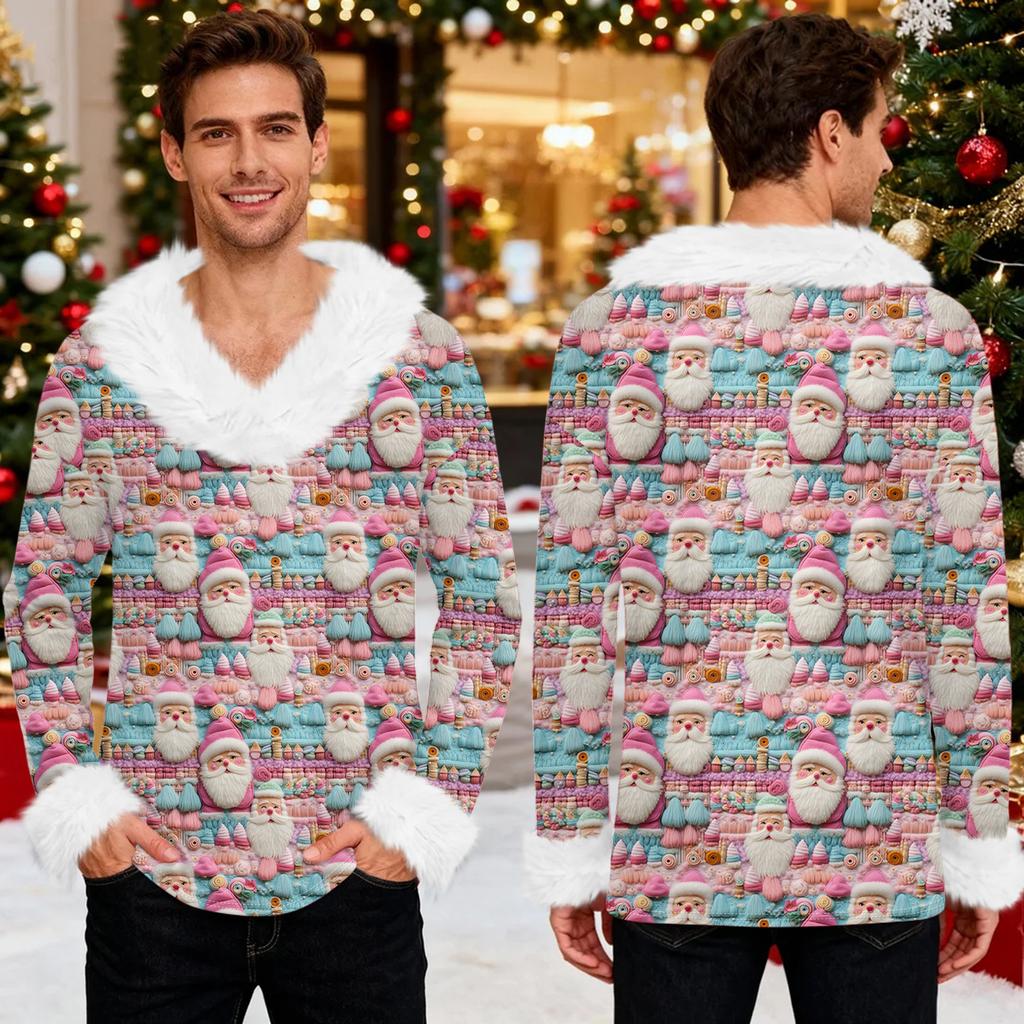 Męska bluza z kapturem z nadrukiem świątecznym, podszyta polarem | Sweter imprezowy z imitacją obszycia i kieszenią | Duży rozmiar, luźny krój, świąteczny pulower