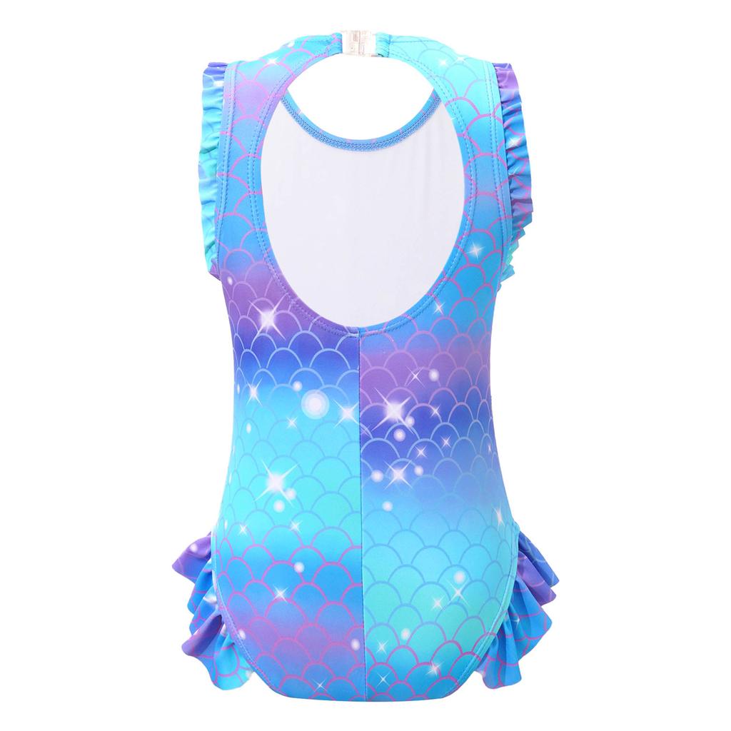 Girls Mermaid Bathing Suit Sleeveless Open Back Design Fish Scales Print Ruffle Jumpsuit Athletic Swimwear Set