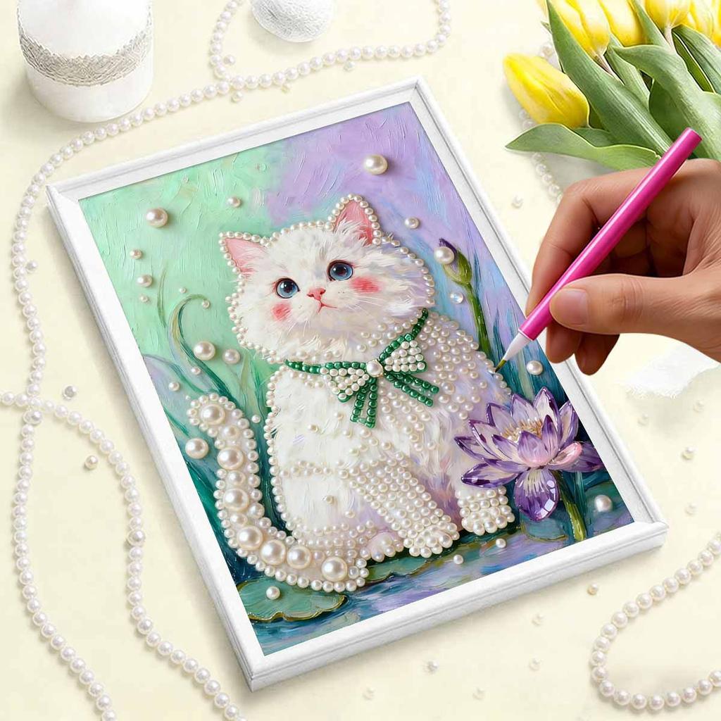 5D DIY Frameless Pearl Painting Little Fat Cat Pattern Painting Kit Suitable for Home Living Room Bedroom and Other Wall Decoration Art Paintings