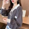 Spring Summer Contrast Lacing Loose T-Shirts Polo Neck Long Sleeve Patchwork Tops Tees Casual Women Clothing