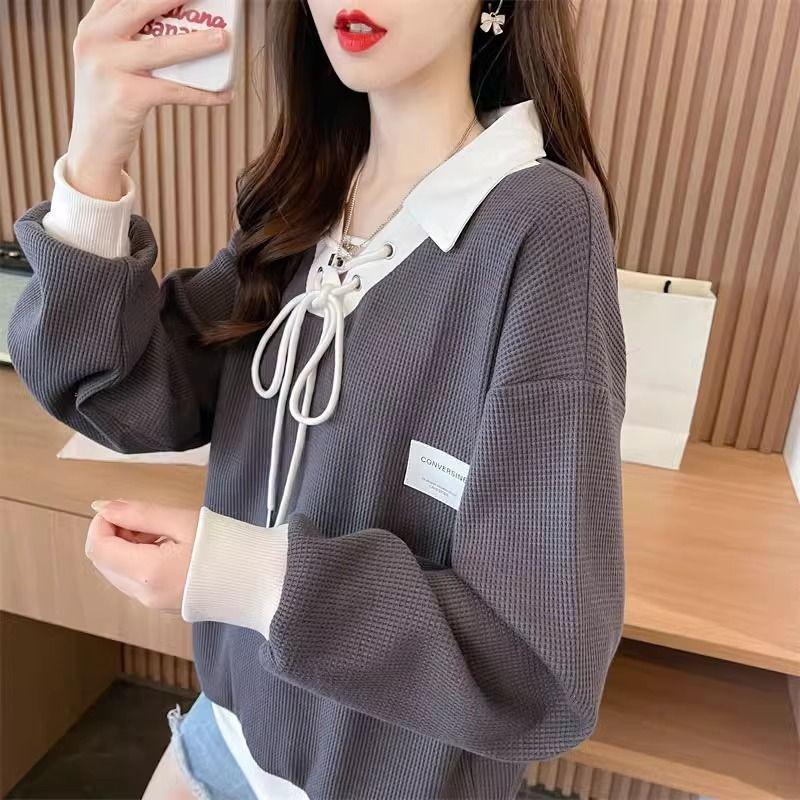 Spring Summer Contrast Lacing Loose T-Shirts Polo Neck Long Sleeve Patchwork Tops Tees Casual Women Clothing