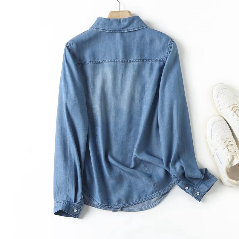 2026 Spring and Autumn Slim-Fit Tencel Denim Shirt for Women, Long Sleeve, Draped, Versatile Casual Blouse