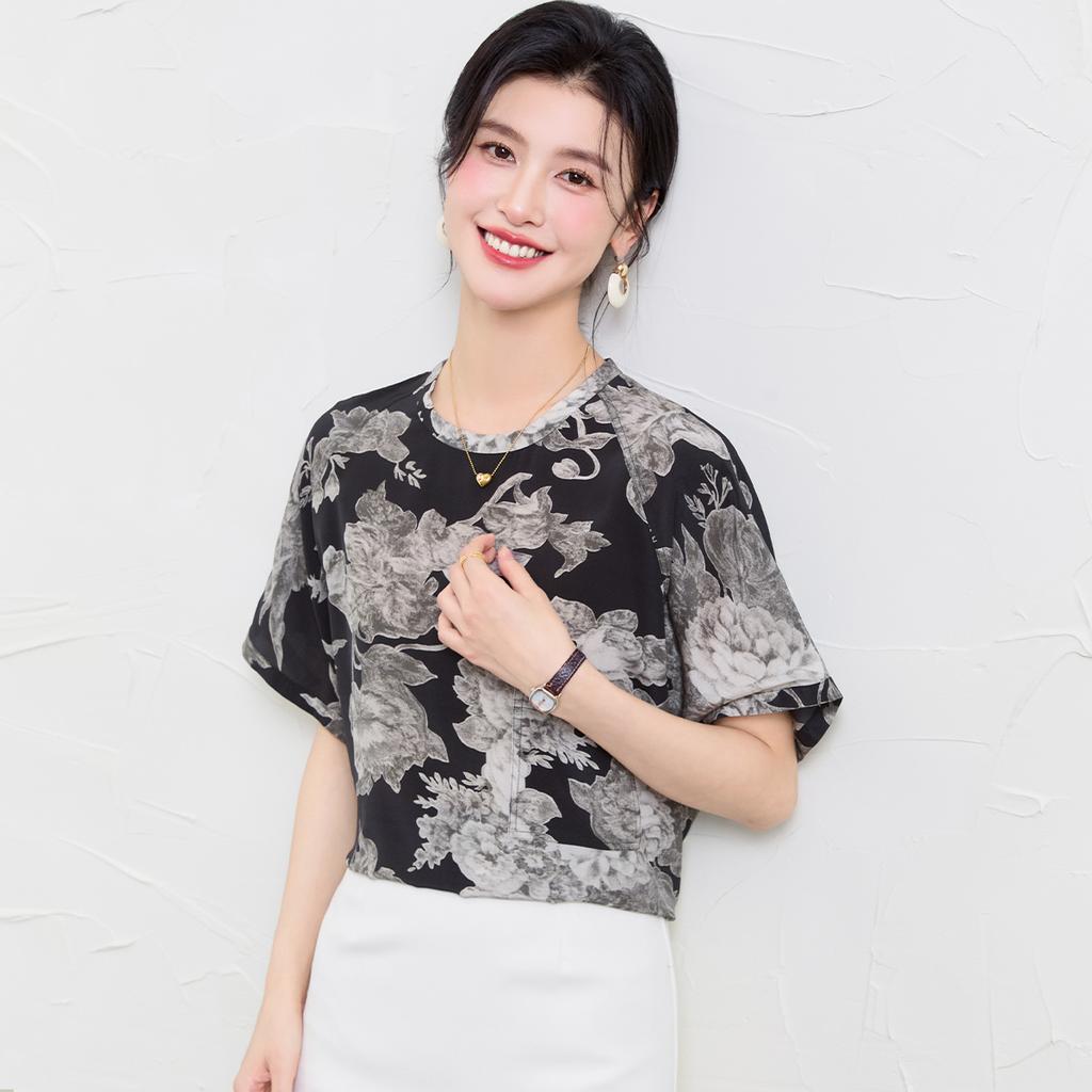 Mulberry Silk 100% Double Crepe Jacquard Summer Loose Breathable T-shirt for Women