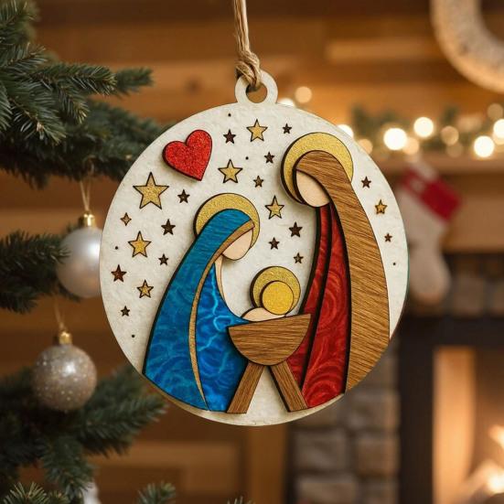 Nativity Scene Ornaments The Birth of Jesus Christian Ornament Round Wooden Religious Christmas Hanging Ornament for Xmas Tree Home Decor