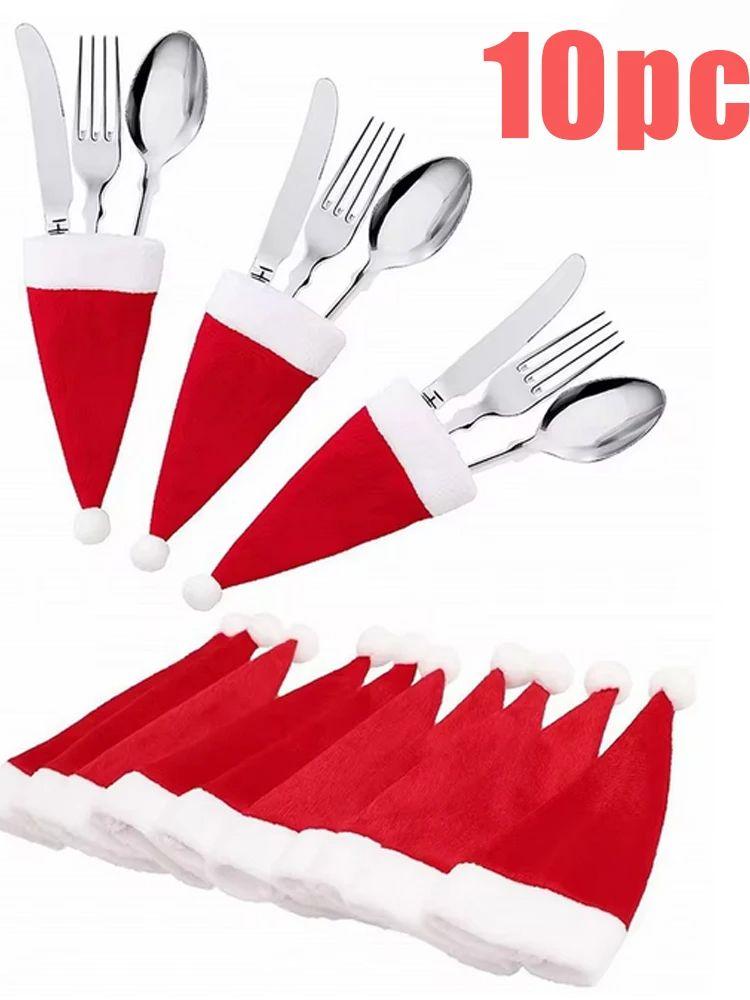 

10 шт. Мини Рождественские шапки Санты Красные Шапки-леденцы Рождественские шапки для чашек/бутылок Рождественские украшения для стола/посуды Конфетные топперы Чехол Рождественский H 6x13cm красный