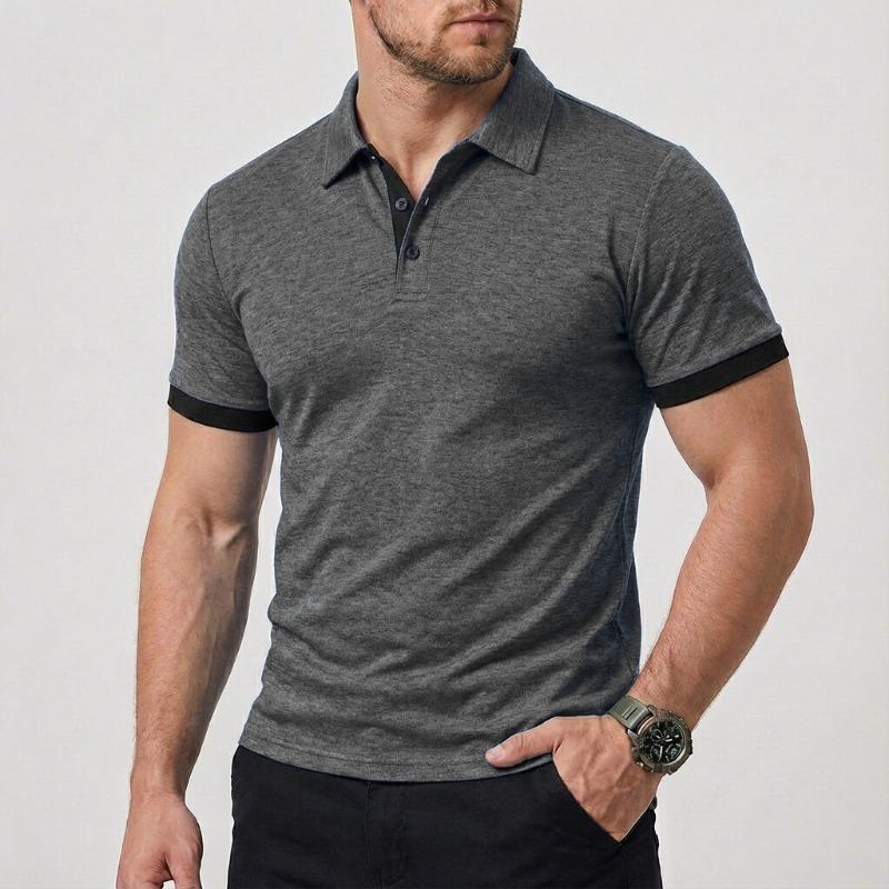 Men Turn Down Collar Short Sleeve Polo Shirt Contrast Cuff Slim Fit Casual Business Daily Tops