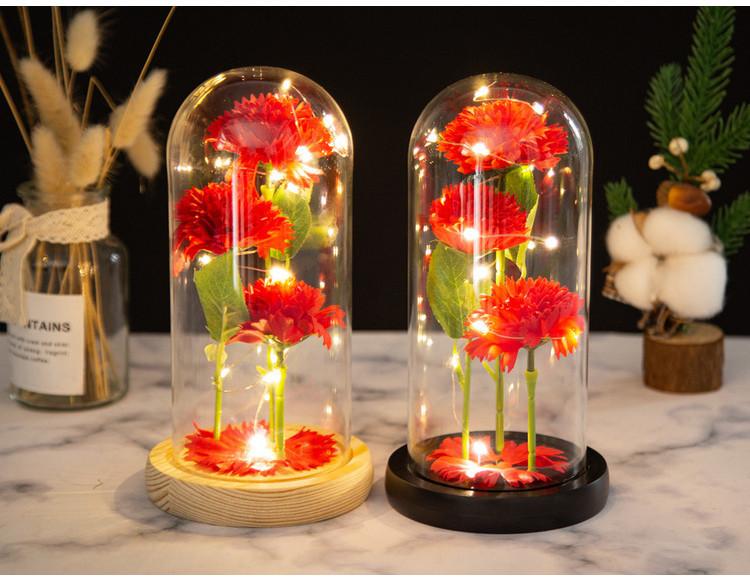 Three Carnations Glass Cover Ornament Mother's Day Gift Simulated Flower LED Luminous Small Gift Merchandise