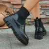 Fashion Women's Slip-On Chunky Platform Boots Knitted Patchwork Pu Leather Thick Sole Boots Woman Comfy Non Slip Chelsea Botas Mujer