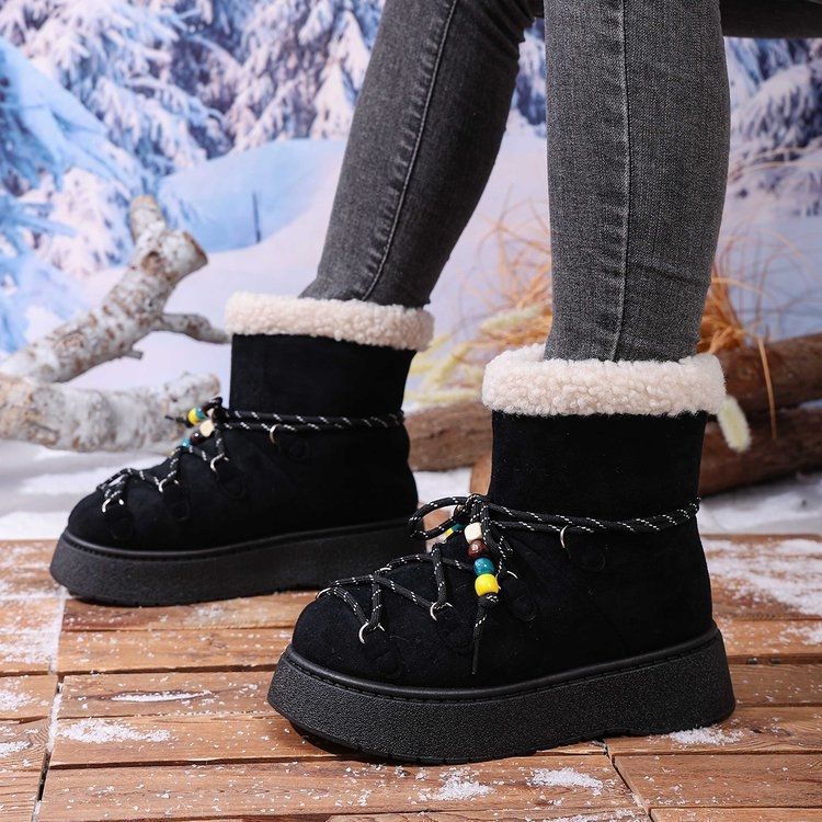 Niche design sense straps snow boots women's thick-soled non-slip velvet thermal lace-up cotton shoes 2025 autumn and winter new