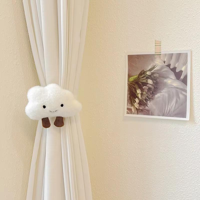 2 szt. Urocze pluszowe białe zasłony w chmurki z klamrą do zasłon do salonu i sypialni, Kawaii elastyczny sznurek z kołnierzykiem, Dekoracja domu