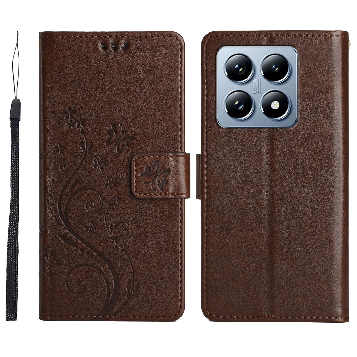 

For Xiaomi 14T Case Pattern Imprint PU Leather Phone Wallet Cover with Strap Brown