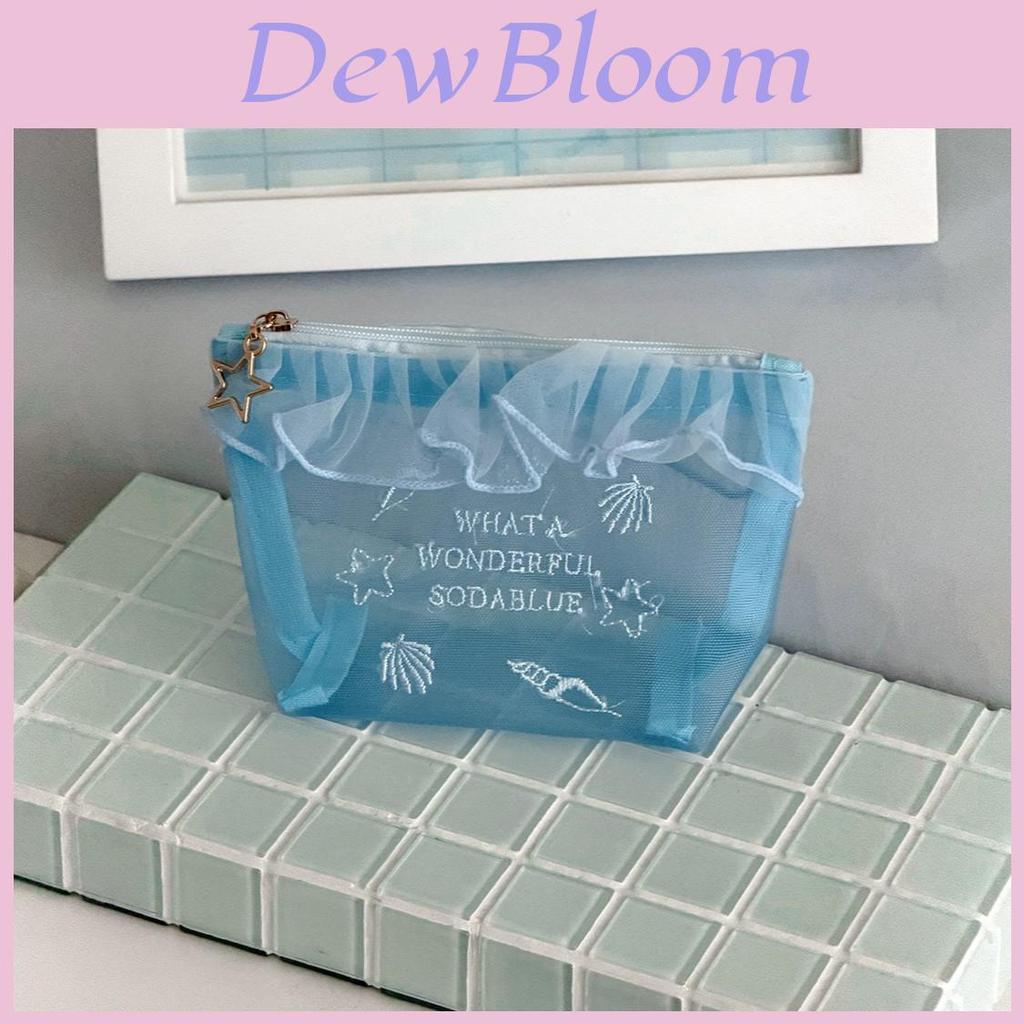 Stylish Ocean Blue Mesh Cosmetic Bag For Girls With Embroidery And Breathable Design