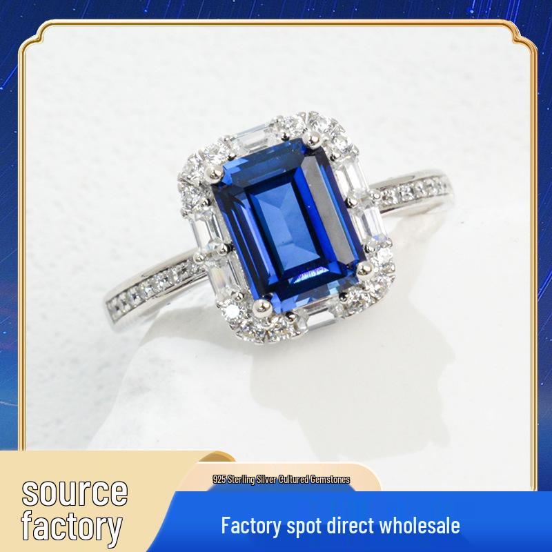 Zhou Hengfu S925 Sterling Silver Square Sapphire Ring for Women - Elegant and Stylish Design