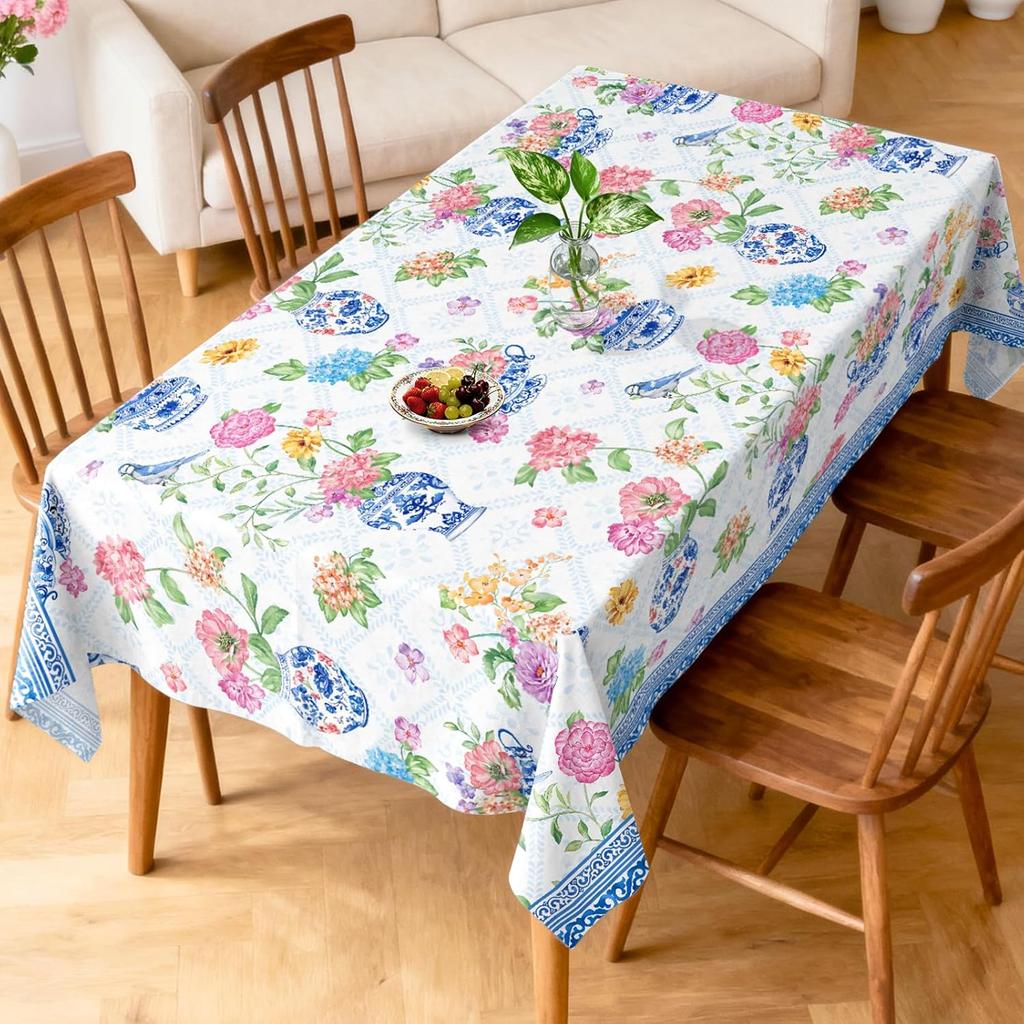 Blue White Porcelain Vase Floral Rectangle Tablecloth for Table Decor Washable Kitchen Dining Tablecloth Holiday Party Decor