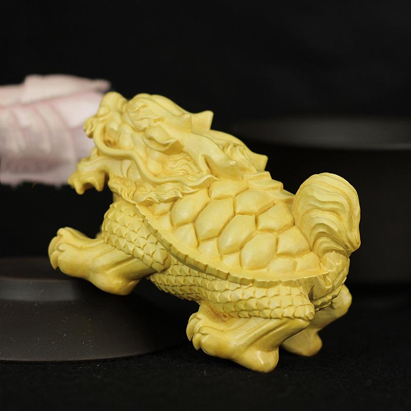 Wooden Dragon Tortoise Mascot Sculpture Statue Hand Carved Solid Wood God Beast Dragon Tortoise Home Wealth Figurine