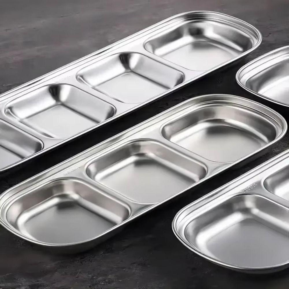 2Pcs 2/3/4 Grid Seasoning Dish Stainless Steel Sauce Plate  Restaurant Use