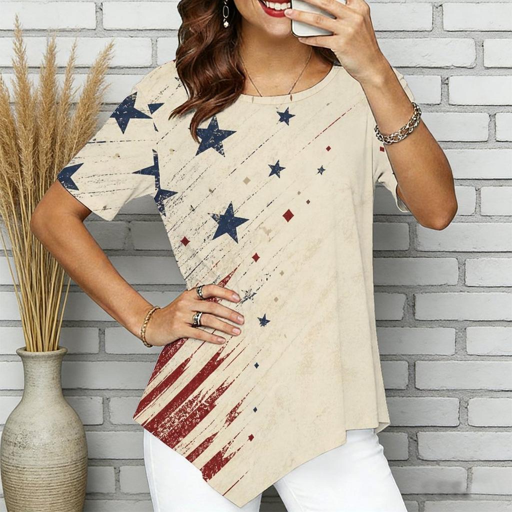 Women Plus Size Short Sleeve Asymmetric Hem Top Pink Crystal Heart Gem Glitter Print Blouse